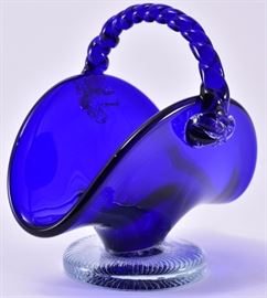 Lot 24: Blown Cobalt Blue Art Glass Basket w/Clear Base