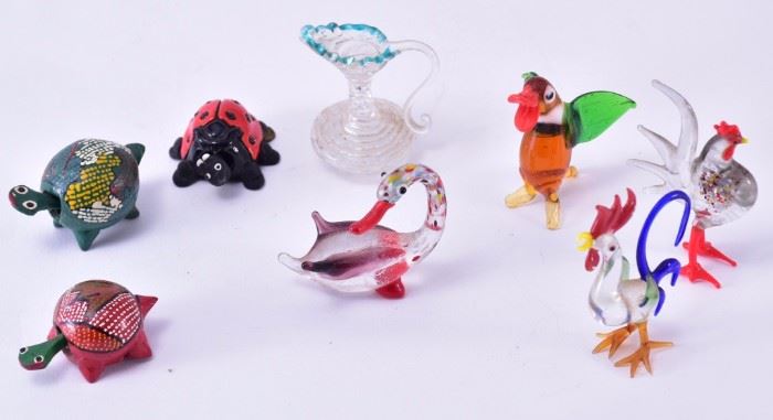 Lot 33: Blown Glass Figures and Bobble Head Turtles & Bug