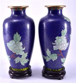 Lot 69: Pair of Vintage Blue CloisonnÃ© Vases w/Stands