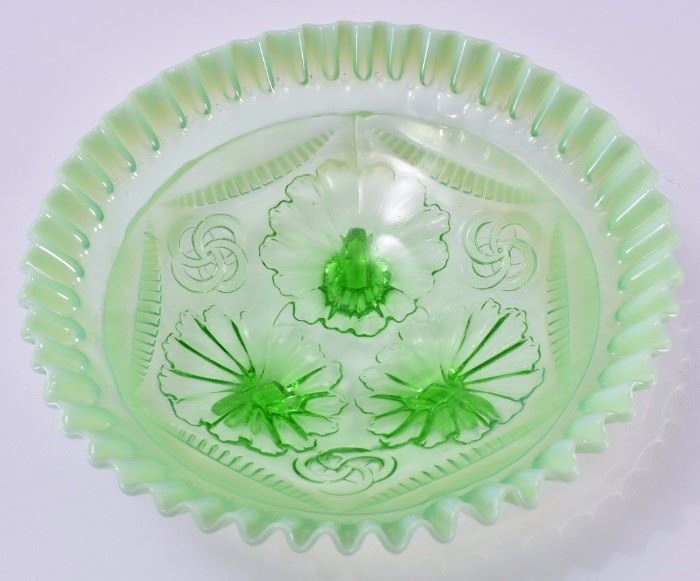 Lot 81: Green Fluted Carnival Glass Footed Bowl