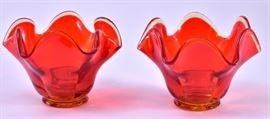 Lot 89: Red Glass Folded Edge Candleholder Bowls
