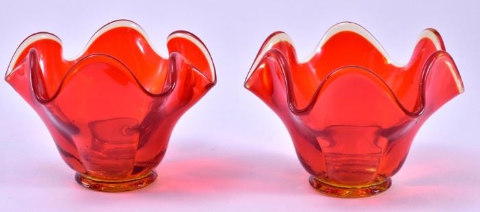 Lot 89: Red Glass Folded Edge Candleholder Bowls