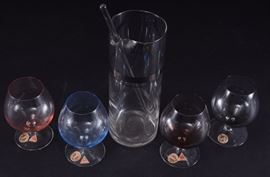 Lot 86: Silver Trim Pitcher w/Stirer & 4 Crystal Snifters