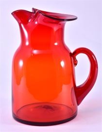 Lot 92: Large Red Handblown Pitcher w/Applied Handle