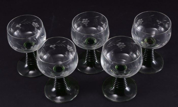 Lot 84: 5 Roemer Glasses w/etched bowl & Coiled Green Stem