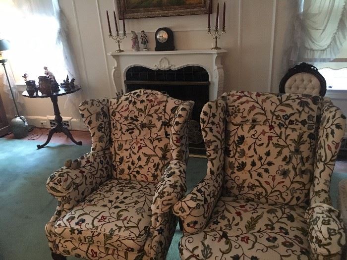 Two Upholstered arm chairs, one Queen Anne the other Chippendale