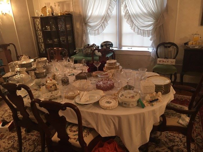 Dining Room Silk oriental rug, Limoges, De La Robia, Metlox, Lismore, etc. Table and chairs not for sale.