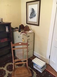 Vintage rocker, Locking fireproof file, Oriental Rug, Bookcase not for sale
