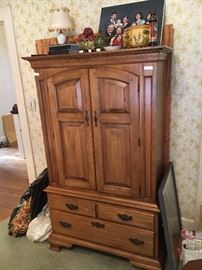 Mid Century Armoire full of Sewing items, Bronze Centerpiece and Decopage Purse on top