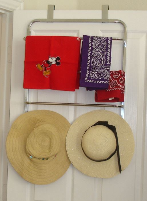 Towel holder, bandannas, straw hats