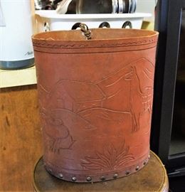 Tooled leather trash can from South America