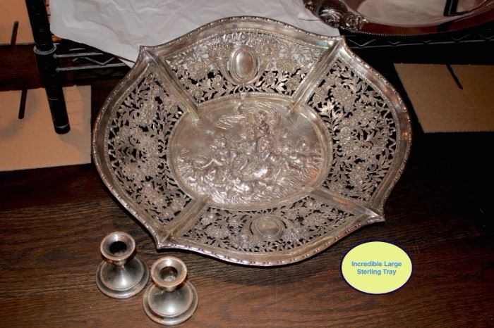 Large Sterling Pierced Plate with Candlesticks