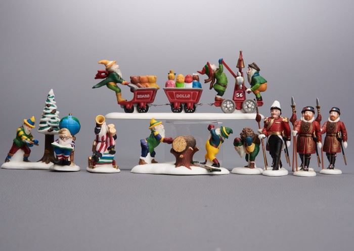 Offered is a lot of 4 figures sets from The Heritage Village Collection by Department 56: "Woodsmen Elves", "Yeomen Of The Guard", "Last Minute Delivery", and "Charting Santa's Course". The boxes show normal shelf wear but the porcelain is undamaged. Please see the photos at completeset.com for details.