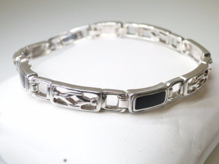 925 Silver Black Onyx Inlay Link Bracelet