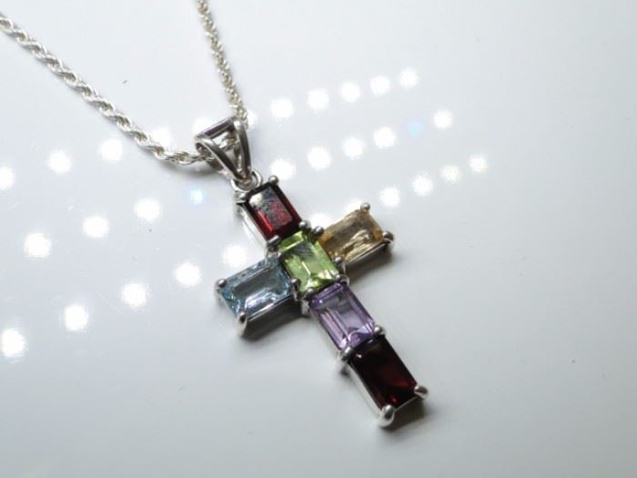 925 Silver Gemstone Cross Pendant Necklace