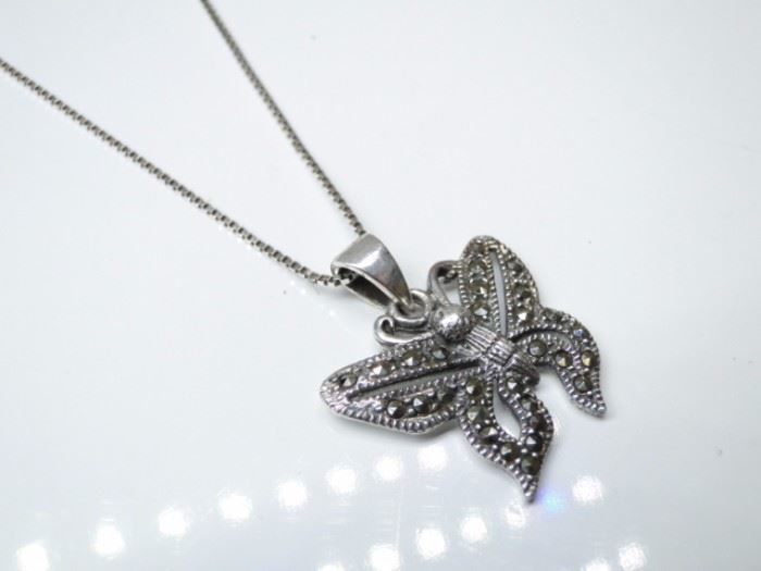 925 Silver Marcasite Butterfly Pendant Necklace