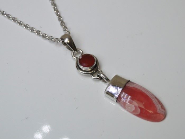925 Silver Pink Coral Pendant w Necklace