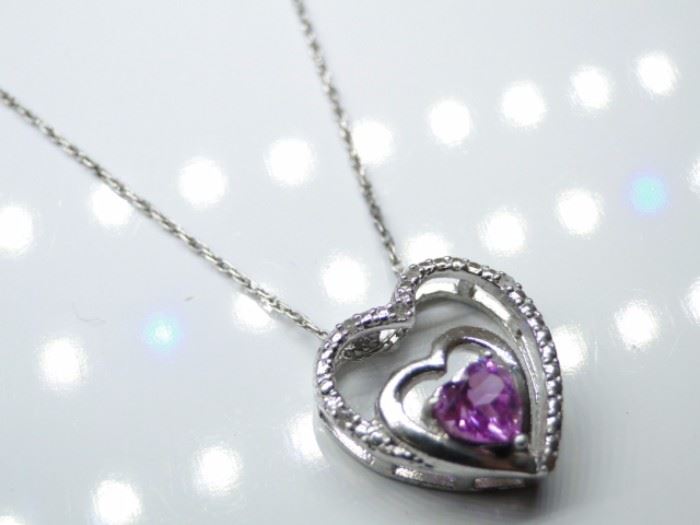 925 Silver w Amethyst Diamond Heart Pendant