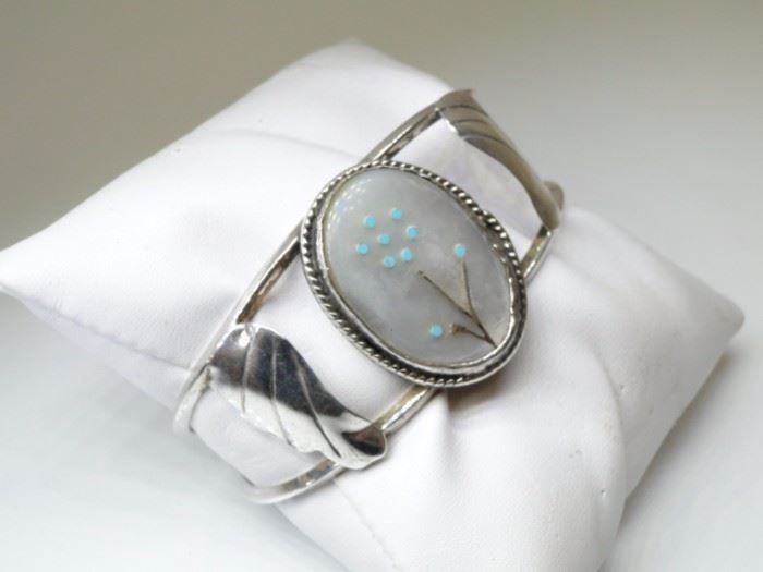 Indian Silver Cuff Bracelet w Mother of Pearl