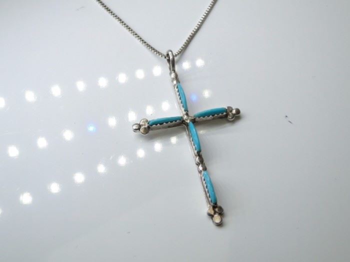 Zuni Indian Silver Turquoise Cross Necklace