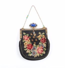Antique Needlepoint Handbag with Glass Stones   https://www.ebth.com/items/7390162-antique-needlepoint-handbag-with-glass-stones