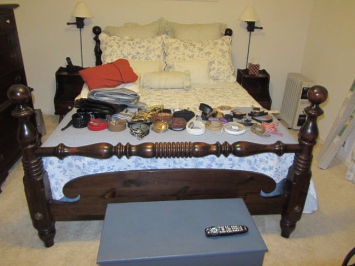 ETHAN ALLEN SOLID PINE BEDROOM SET WITH FULL BED, 2 STANDS, DRESSER W/MIRROR, TALL DRESSER