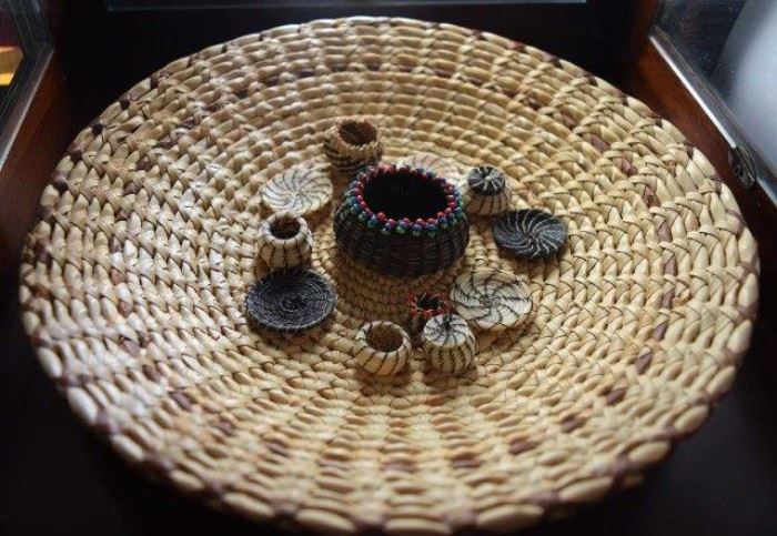 miniture baskets and woven plate.