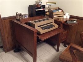 Oak Office Desk opened. Flip typewriter shelf to close, see next photo.