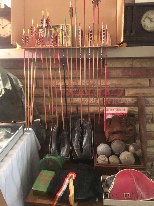 Vintage  catcher mitt, baseballs, pads, archery bows and arrows in Original Boxes- Vintage Russian Hats and Boy Scouts!