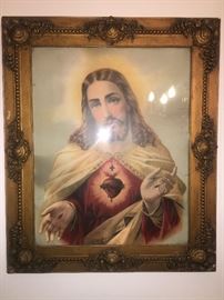 The Sacred Heart of Jesus In Gorgeous Ornate Vintage Gesso Frame