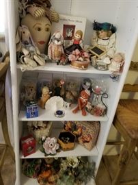 Beanie babies, Maude Humphrey doll, White Shelf unit, Candles and holders, lots of gift boxes