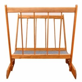 Wooden Art Print Rack: A wooden rack for holding art prints. This rack is constructed of oak with slotted sides and a felt carpet-lined interior base.