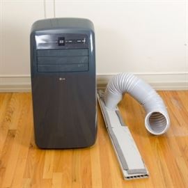 LG Room Air Conditioner: An LG room air conditioner. This portable air conditioner, model LP1215GXR, features air circulation via oscillating vent for rooms up to 400 square feet and has a washable and reusable air filter. Air conditioner has a digital display, touch button controls and power cord with wrap around storage to the verso.