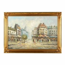 Robert Oil Painting on Canvas of a European Street Scene: An oil painting on canvas signed “Robert”. This piece depicts a cityscape with European architecture and people bustling along the sidewalks. It is painted in a looser, Expressionist style and signed to the lower right corner. The work is presented in a gold tone frame with corner molding and wire to the verso for hanging.