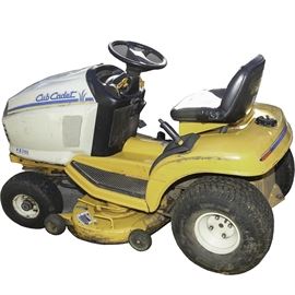 Club Cadet Riding Mower: A domestic riding lawnmower from Club Cadet. The mower is model number HDS 2155 and has a yellow and white metal frame with a gas powered engine, cushioned seat, and rubber tires.