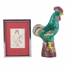 Reproduction print After Picasso's "Le Coq" and Ceramic Rooster: A serigraph after a serigraph by Pablo Picasso (Spanish, 1881 – 1973) titled Le Coq and a ceramic figurine of a rooster. The serigraph print published by Modern Classics, Inc., depicts a rooster with just a few lines in red, yellow, blue and black. It is signed in the plate to the lower right and is mounted under acrylic glass with a rose colored mat in a silver tone metal frame fitted with a ring for hanging. The majolica figurine depicts a green rooster with red, yellow and blue plumage perched on a reddish rock. It has no discernible mark.