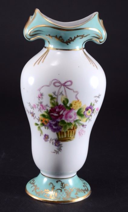 Lot 1: 	Limoges Porcelain Floral Vase Trimmed in Gold