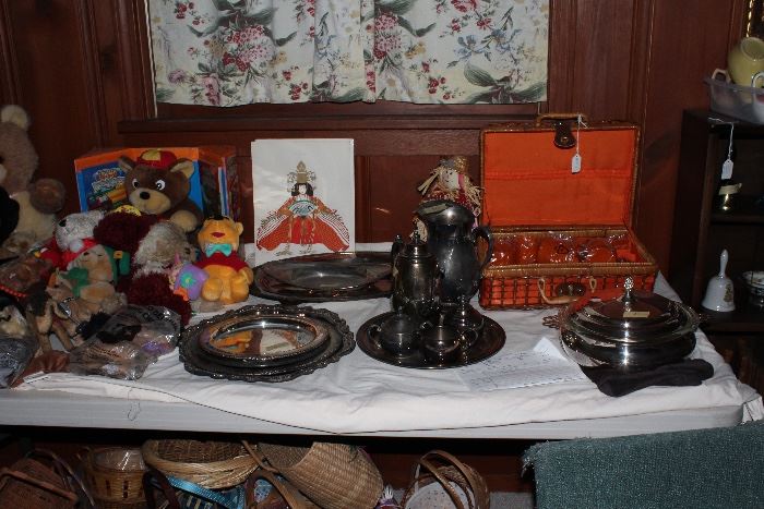 Stuffed animals (only ever displayed) Asian costume hand colored prints , silver-plate pitcher, lots of baskets 