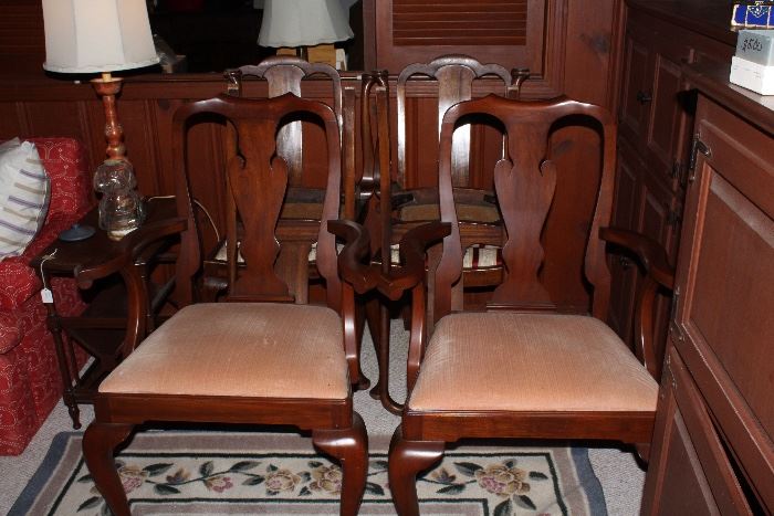 2 Henkel Harris Cherry Queen Anne Dining Chairs with nice carved splat backs (original) and 4 Edwardian Mahogany cabriole dining chairs with upholstered seats