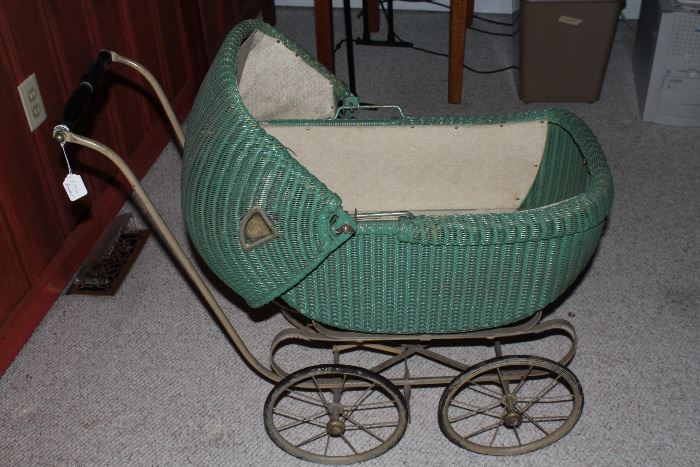 Doll Carriage wicker with spoked metal wheels all original