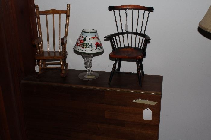 miniature windsor chair and rocking chair, narrow mahogany dining table with long 4 foot drop leaves