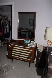 Walnut Mid Century Modern Chest with Matching Walnut mirror with Inset Panels in cream and light blue