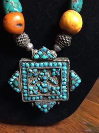 Tibet antique necklace With Sterling and turquoise with matching earrings 