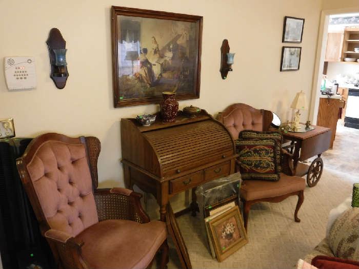 Handsome smaller roll top desk with Cane back formal chairs