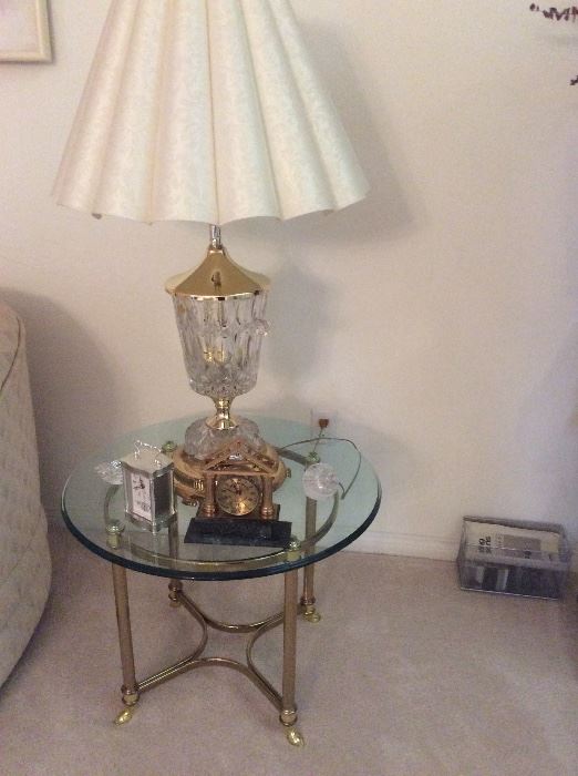 Gold and glass round side table, cut glass table lamp