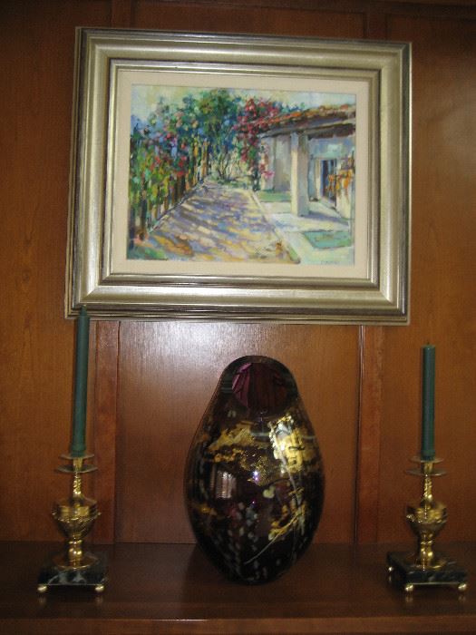Framed oil painting, purple art glass vase, brass candlesticks