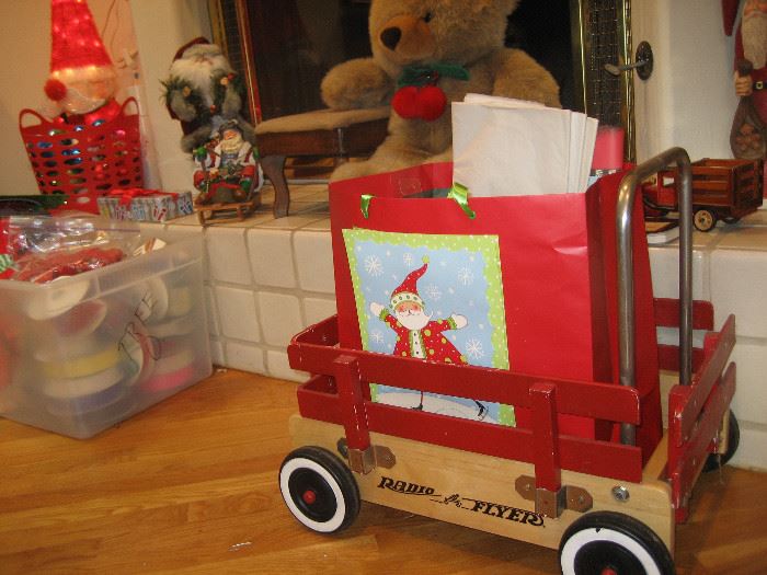 Small Radio Flyer cart, oversized Christmas bear