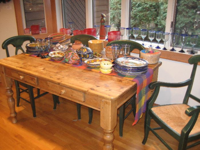 Rustic wooden kitchen table and Pottery Barn chairs