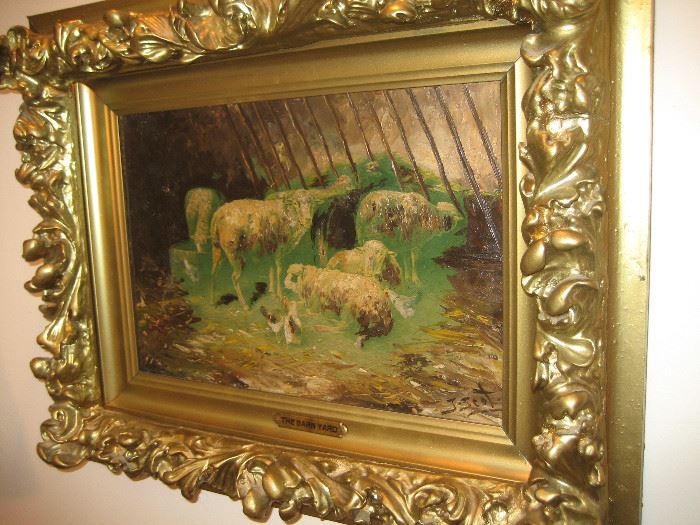 Framed painting "The Barnyard" by J. Scot