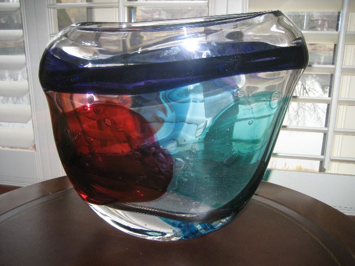 Close up of large art glass vase